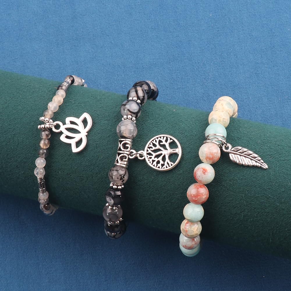 UEUC Tree of Life Yoga Healing Stone Bracelets,Multilayer Lotus Chakra Stone Reiki Bracelet Sets,Anxiety Crystal Natural Stone,for Women Stress Relief(#157)