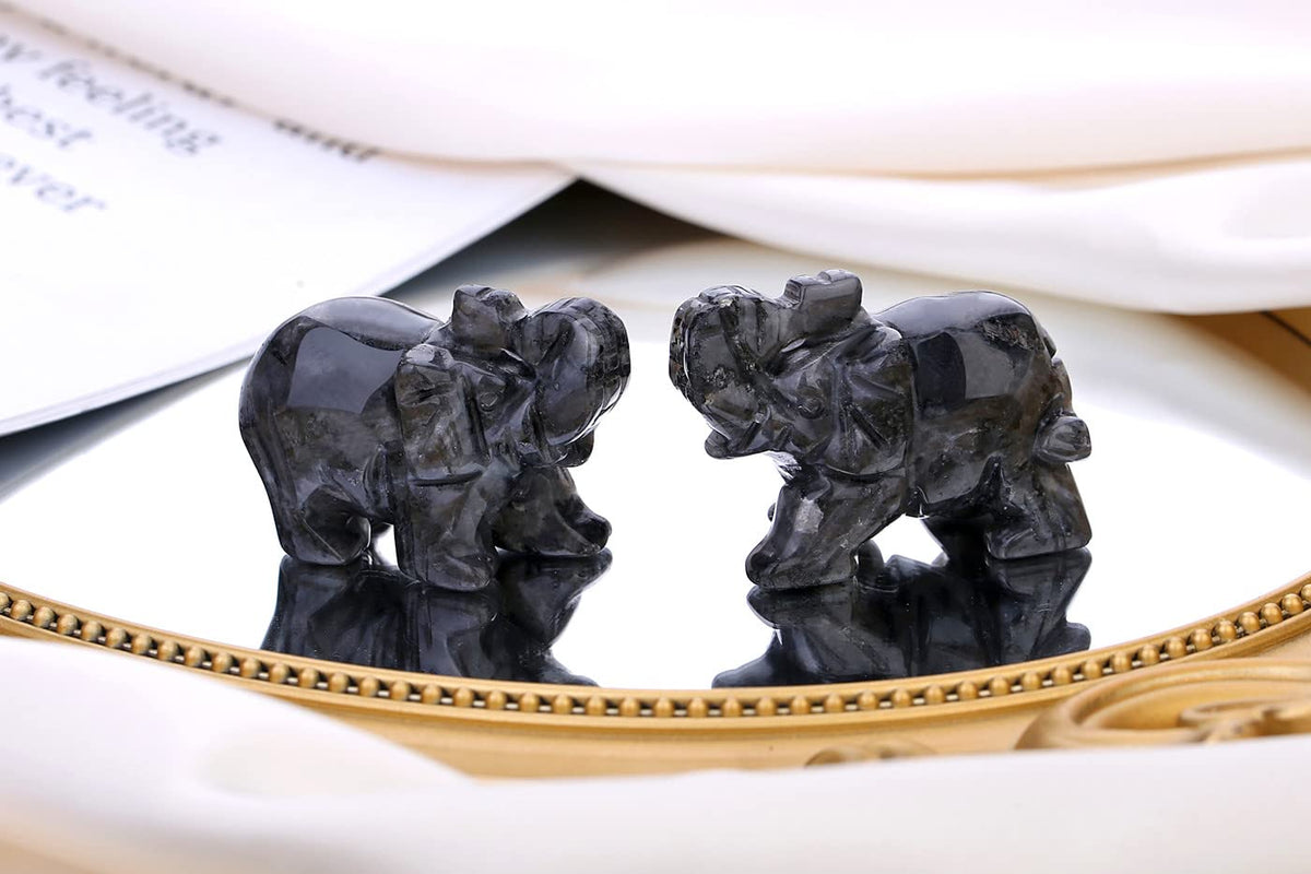 QINJIEJIE Crystals Elephant Decor Black Labradorite Cute Desk Stones Statue Polished Natural Gemstones Luck Decoration Home Room Office Pocket Figurine Meditation Spiritual Stocking Stuffers Gifts