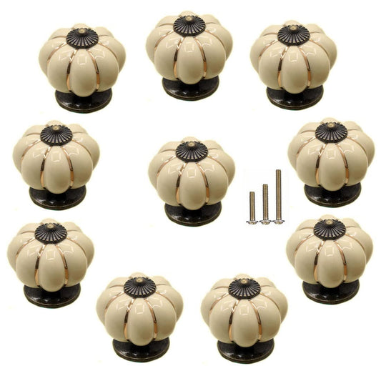 GDQLCNXB 10 Pcs Vintage Ceramic Pumpkin Cabinet Knobs, Drawer Dresser Door Knobs Pulls Handles with Screws for Kitchen, Cabinets, Bathroom,Cupboard,Wardrobe Closet(Ivory)