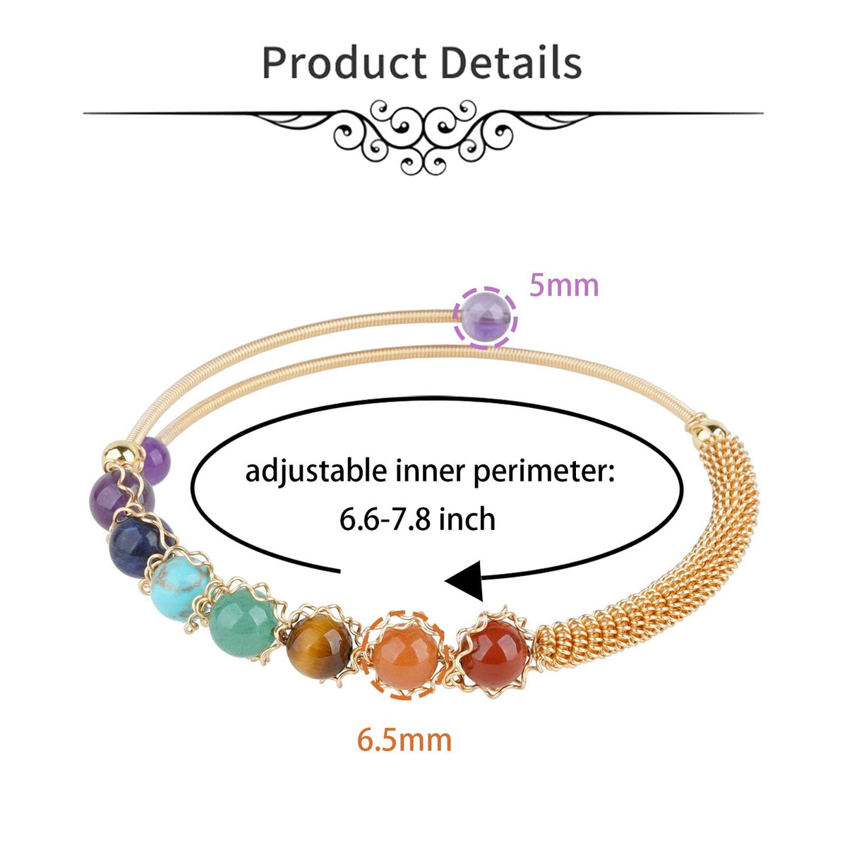 ASGIFT 7 Chakra Bracelet Adjustable 14K Gold Wire Wrapped 6.5mm Beads Bracelet Natural Crystal Yoga Meditation Bracelet Jewelrys for Women