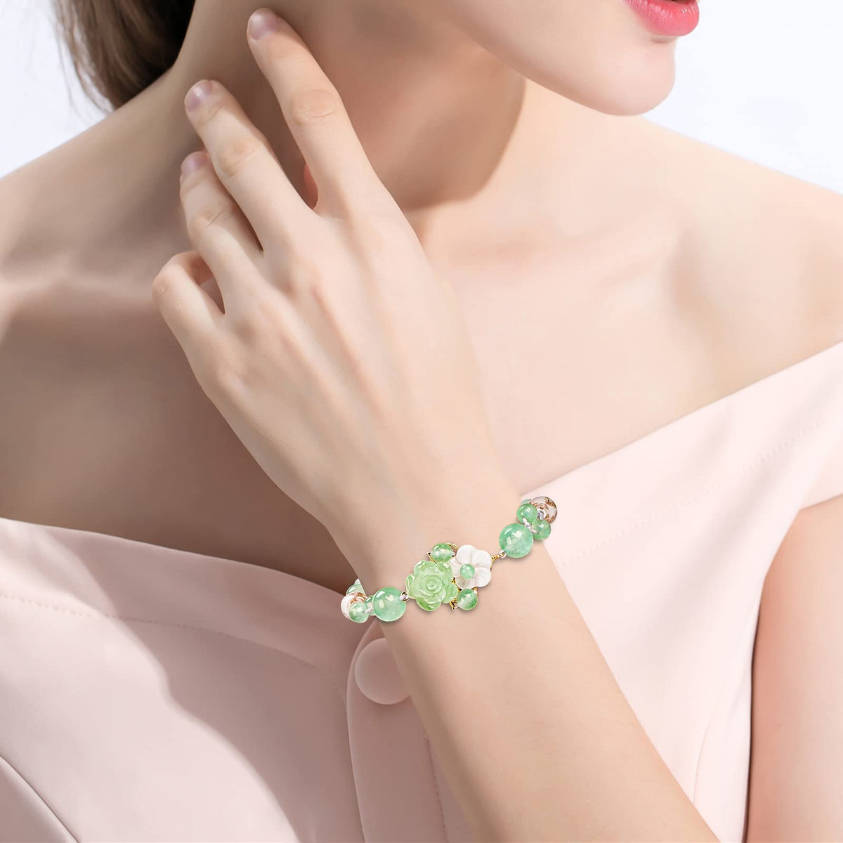HL1971 Jade Beaded Elastic Bracelet Gradient Green Jade Bead Ladies Bracelet, Suitable for Christmas, Thanksgiving