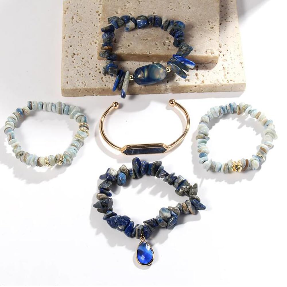 Yomisa 5PCS Natural Boho Beaded Bracelets Bangle for Women Men,Healing Turquoise Tiger eyes Agate Crystal Gemstone Stone Diamond Chakra Multi Wrap Bohemian Handmade Jewelry Beads Stretch Bracelet Set