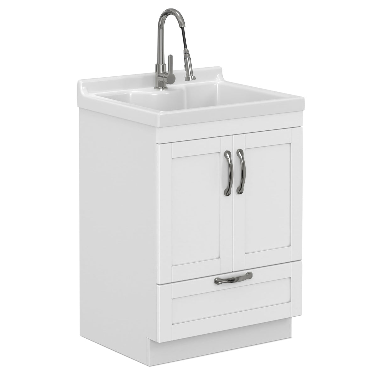 SIMPLIHOME Maile All-in-One 24 inch Wide Utility Sink and Laundry Cabinet in Pure White Finish, Transitional ABS Sink Cabinet for Laundry Rooms or Garage with High-Arch Chrome Faucet and Storage