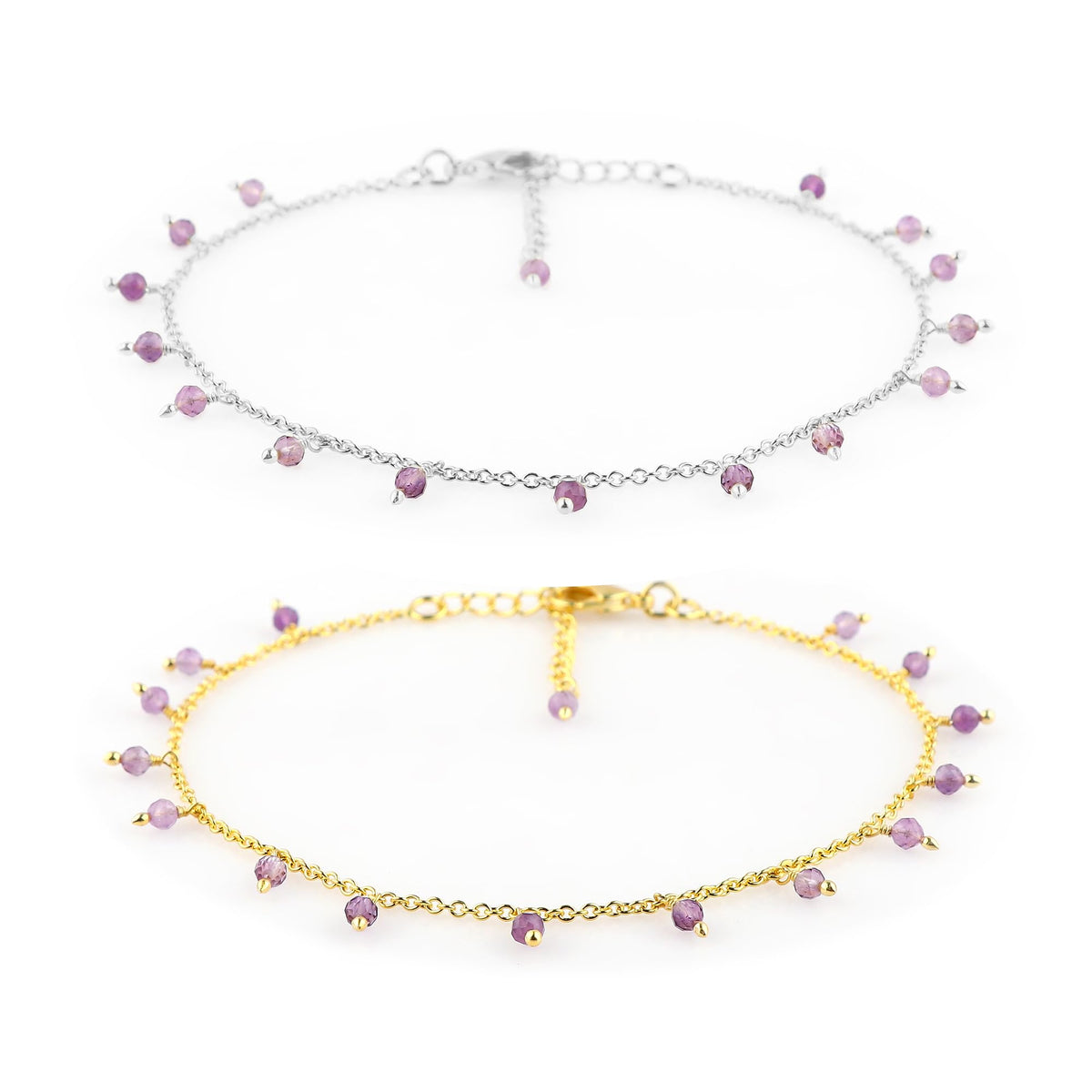 JOR Natural Amethyst Beaded Rosary Anklet, Handmade Craft, Anklet Beads Bracelet, Chakra Healing, Gemstone Women Jewelry, Dainty Gold and Silver Plated Combo Anklet 9 inch + 1.5 inch (2pcs)