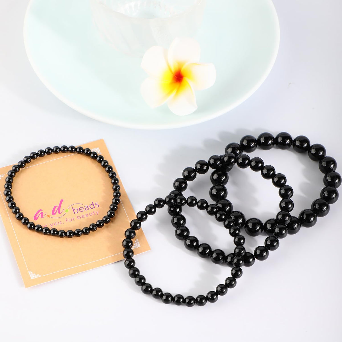 AD Beads 8mm Handmade Black Tourmaline Elastic Bracelet – Natural Gemstone for Safety Protection – Meditation, Yoga, Healing and Energy Gift for Men Women