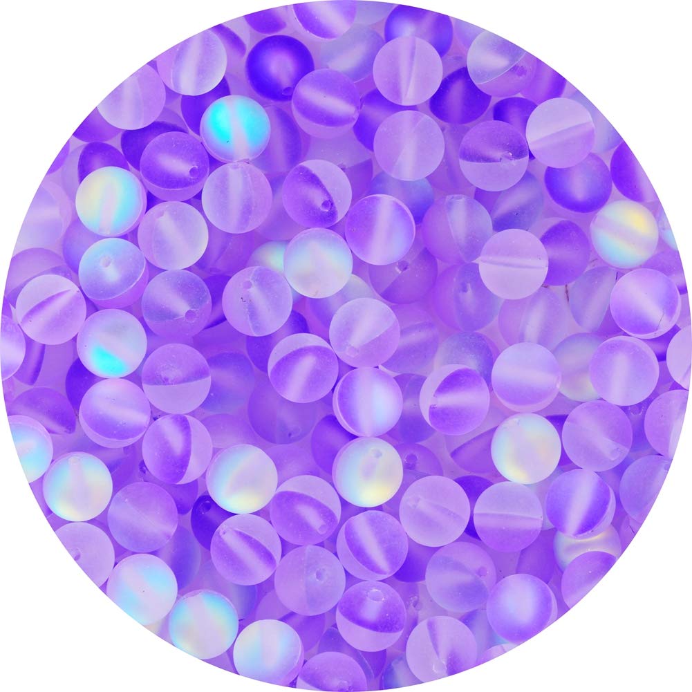 Matte Aurora Crystal Glass Beads Purple 100pcs 8mm Flash Glitter Shining Mermaid Round Loose Aura Bead Frosted Moonstone for Jewelry Making (Purple, 8mm)
