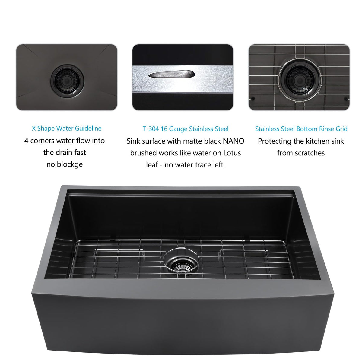 30 Black Farmhouse Sink - Lordear 30 inch Farm Kitchen Sink Workstation Apron Front 16-Gauge Gunmetal Black Stainless Steel Single Bowl Deep Kitchen Farmer Sinks, 9" Apron Height