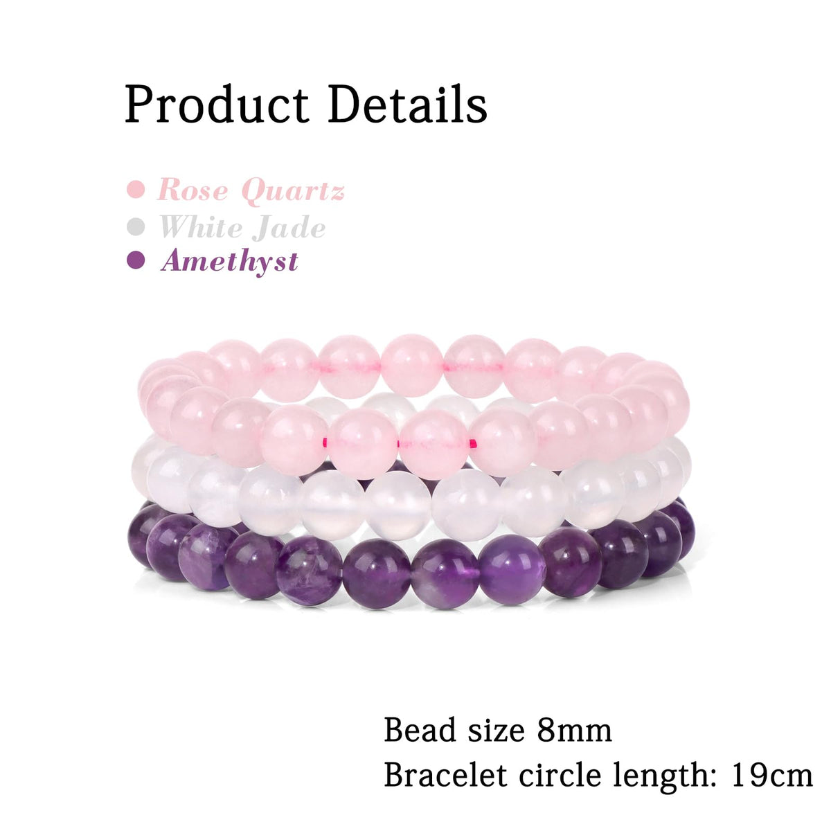 Risyfjew 3 PCS Healing Crystal Bracelets for Women 8mm Natural Stone Beaded Stretch Chakra Bracelets Amethyst Jewelry Gifts