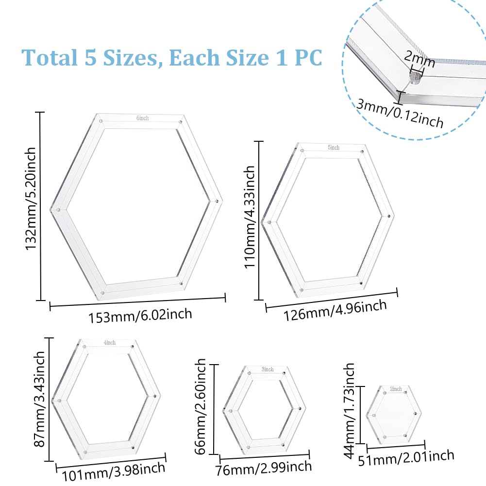 AHANDMAKER 5 Pieces Hexagon Quilting Templates 2 Inch, 3 Inch, 4 Inch, 5 Inch, 6 Inch Acrylic Quilting Templates Hexagon Acrylic Patchwork Rulers for Crafting Sewing Quilt Making Patchwork