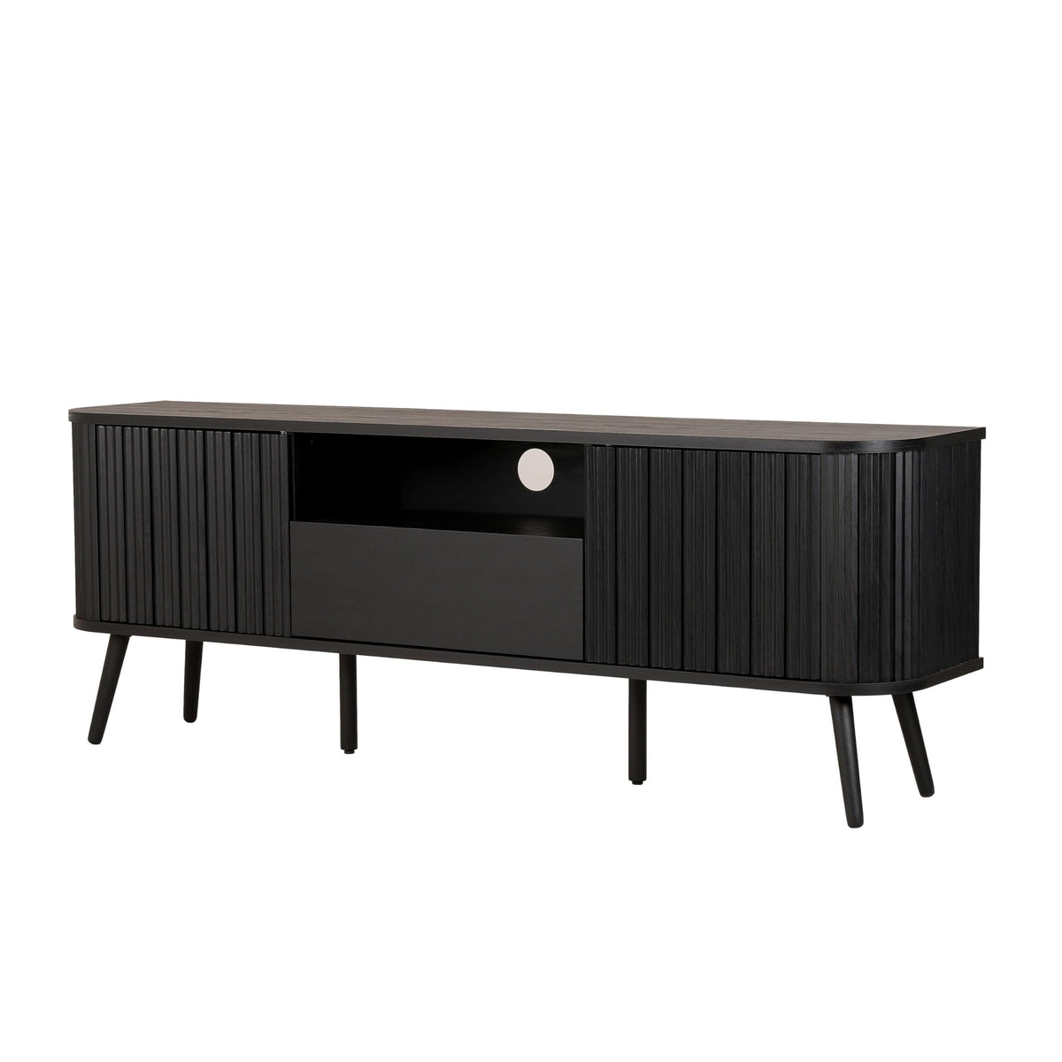 JONATHAN Y Damien 70" Mid-Century Fluted Wood TV Stand for TVs up to 75 Inch, Entertainment Center with Soft-Close Doors and Drawer, Media Console for Living Room, Black TVS1001C