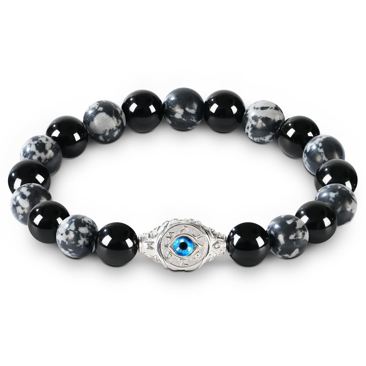 Men's Evil Eye Bracelet, 10mm Beaded Bracelet with Natural Gemstones, Adjustable Elastic Design, Gift for Anniversary, Christmas and Thanksgiving, Silver Obsidian/Tiger Eye/Hematite/Snowflake Obsidian/Black Agate