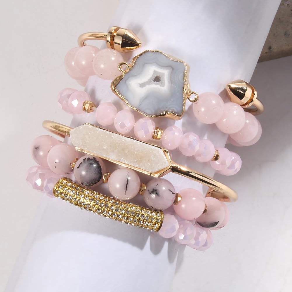 Yomisa 6PCS Natural Boho Beaded Bracelets Bangle for Women,Healing Turquoise Tiger eyes Agate Crystal Gemstone Stone Diamond Chakra Multi Wrap Bohemian Handmade Jewelry Beads Stretch Bracelet Set