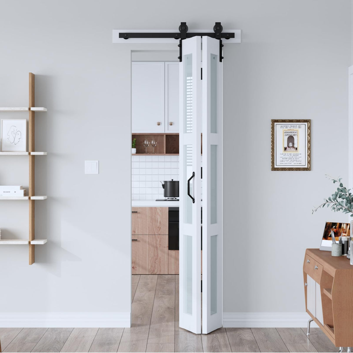 EaseLife 28"x 84" (Double 14" x 84") Bifold Barn Door, Bifold Sliding Barn Door with Hardware Kit, Solid MDF Wood Slab Covered with Water-Proof PVC Surface, Frosted Glass Panel, Assembly Required