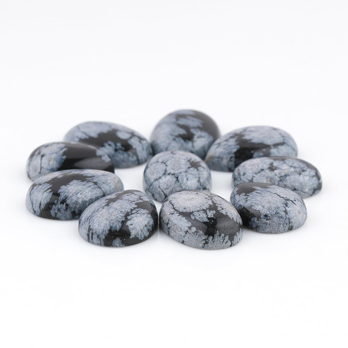 GemSymphony 100 Carat Natural Snowflake Obsidian Gemstone Cabochon Lot Mixed Shapes – 12 pcs Hand Polished Crystal Stones for Jewelry Making, Healing, Reiki, Craft Supplies, Unique Cab Set for Wire Wrapping & Collectors (10-20 mm)