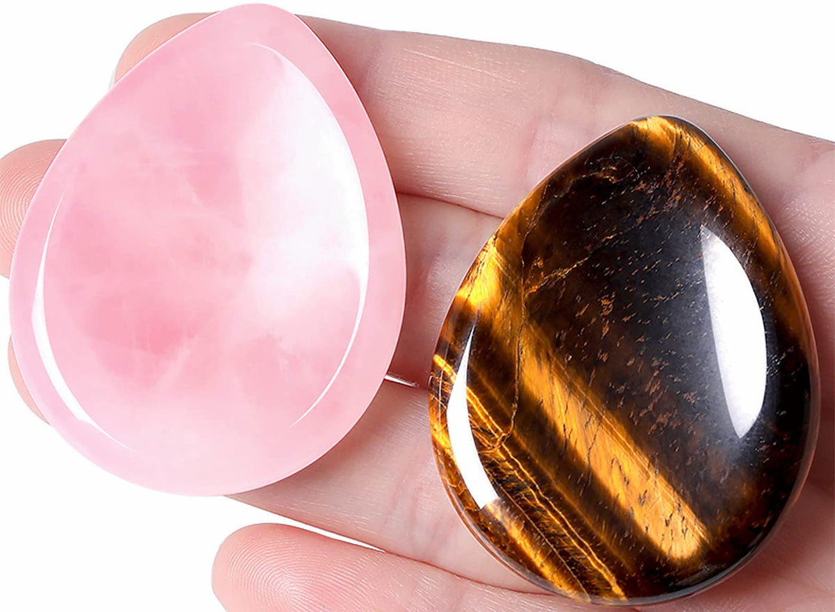 QINJIEJIE 2PCS Worry Stone Tiger's Eye Rose Quartz Crystals Sets Hand Carved Thumb Stones Pocket Gemstones Meditation Healing Crystal Reiki Natural Relax Palm Stone for Anxiety Therapy Relief