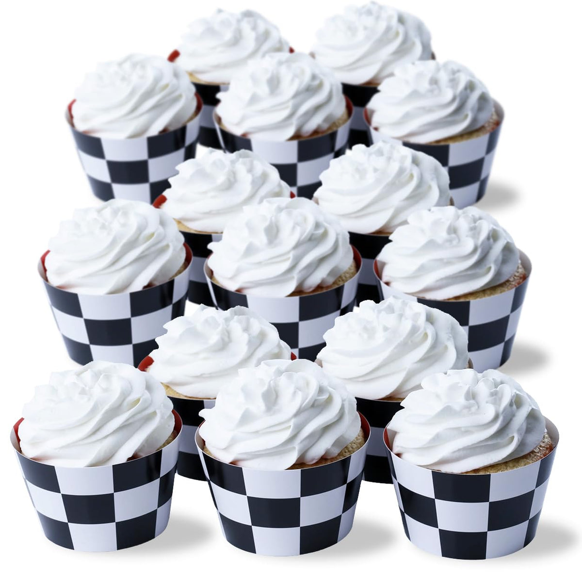 Race-Themed Checkered Cupcake Wrappers, Set of 42 - Red Checkered and Black and White Checker Pattern Cupcake Wrappers for Race Car Party Supplies by Pretty Cute Studios