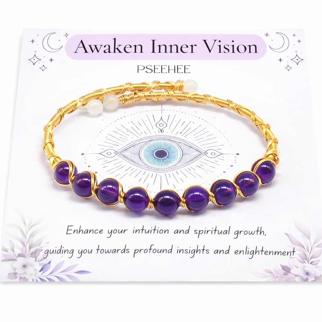 PSEEHEE Handmade Genuine Amethyst Beads 14k Gold Filled Wire Wrapped Bracelet, Birthstone Chakra Healing Crystal Chips Adjustable Bangle Cuff Jewelry Gift for Women Men