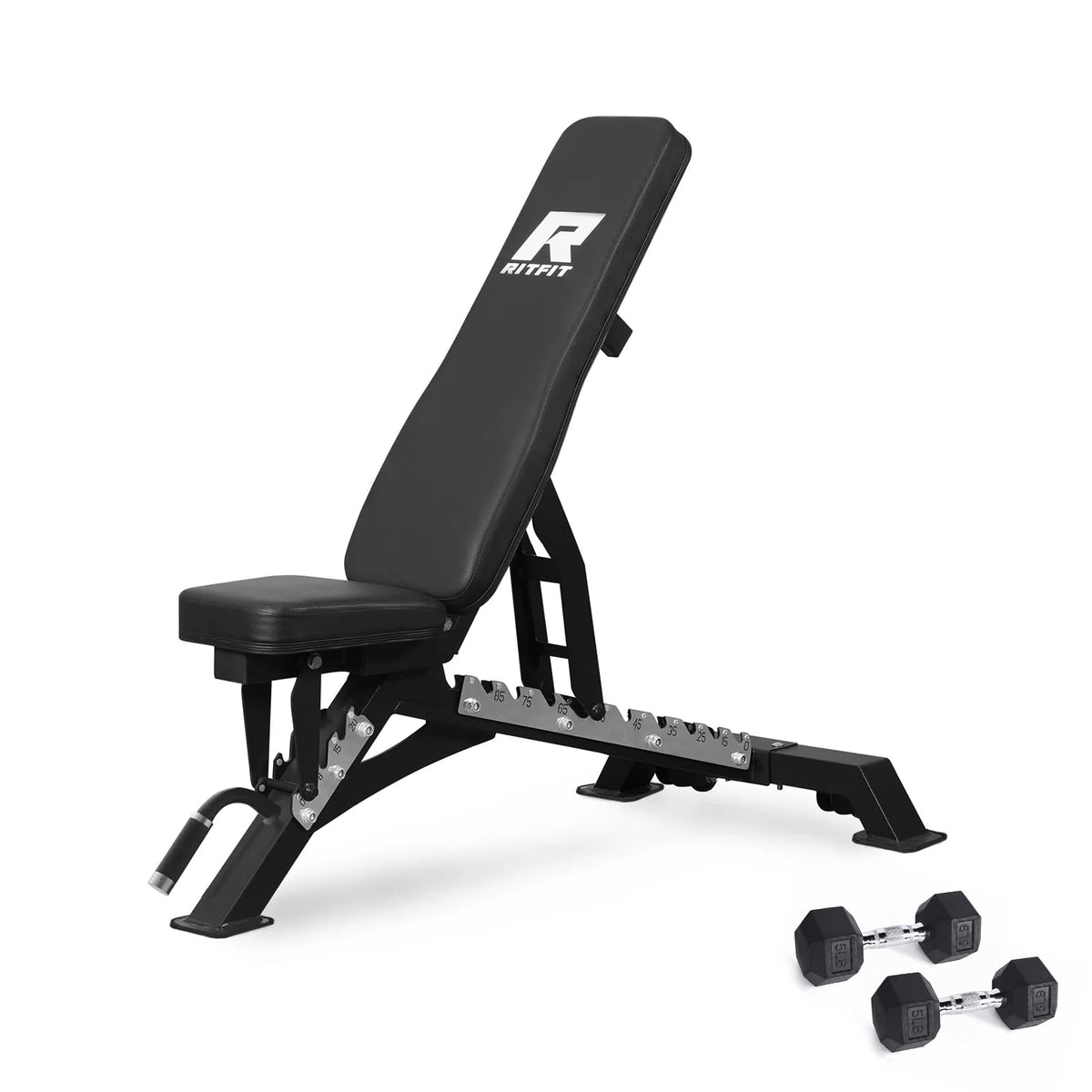 RITFIT Adjustable Weight Bench with Multiple Back Positions for Full Body Workouts, Incline, Decline, and Flat Settings for Home Gym Strength Training, 1300LB Capacity (Black,with 2x5lb rubber dumbbells)