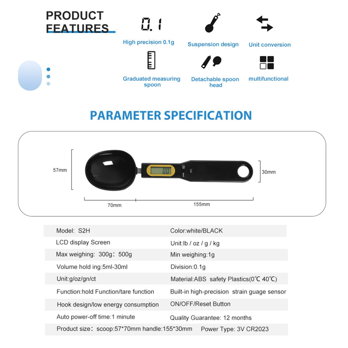 Food Measuring Spoon, Digital Kitchen Scale, high-Precision Small Scale, Handheld use, with Weight Removal Function (White)