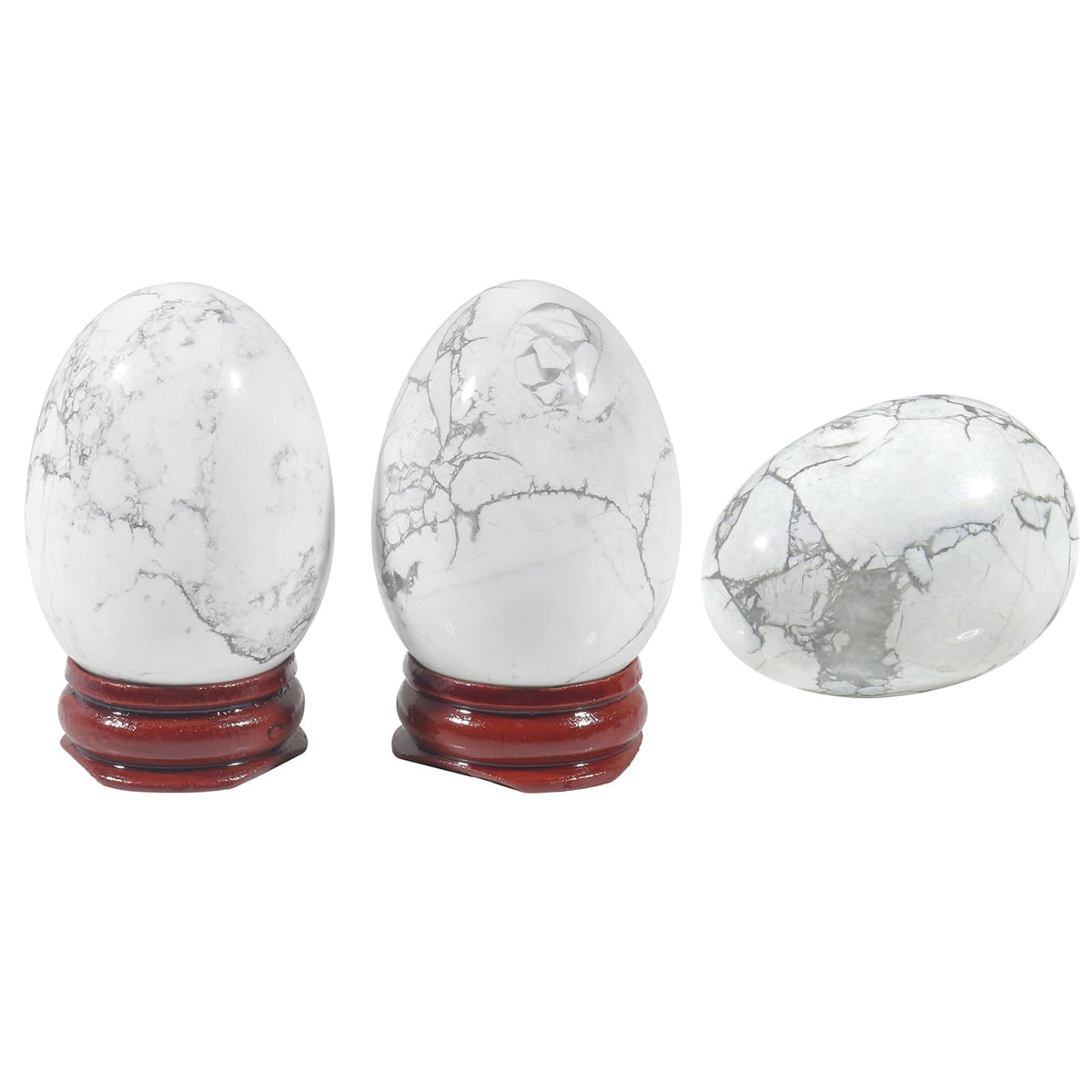 Fekuar Stone Egg Figurine, Polished Healing Crystal Easter Eggs Sphere Sculpture with Wood Stand, Natural White Howlite Turquoise, 1.8"