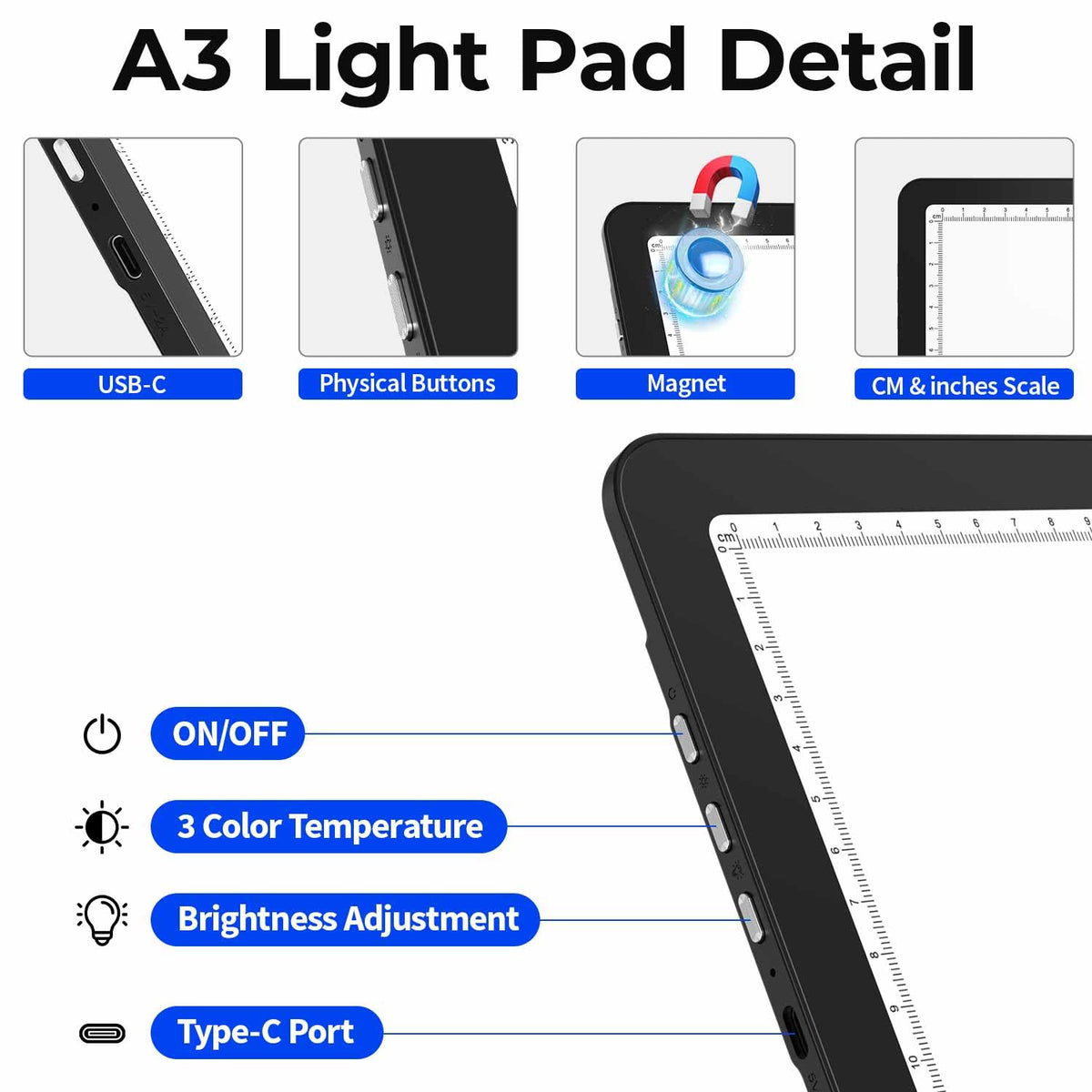 Heanolier Rechargeable A3 Light Board with Stand for Diamond Painting,5100 Lux Magnetic Light Pad with Side Buttons,5000mAH battery,Wireless Light Box for Tracing,LED Light Table for Sketching,Drawing