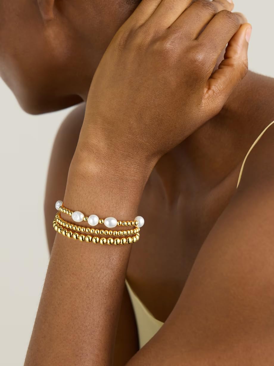 Badu Gold Beaded Bracelets for Women Boho Crystal Multiple Layered Stackable Wrap Bangle Set Paperclip Chain Trendy Jewelry (Gold-3Pcs-Pear2)