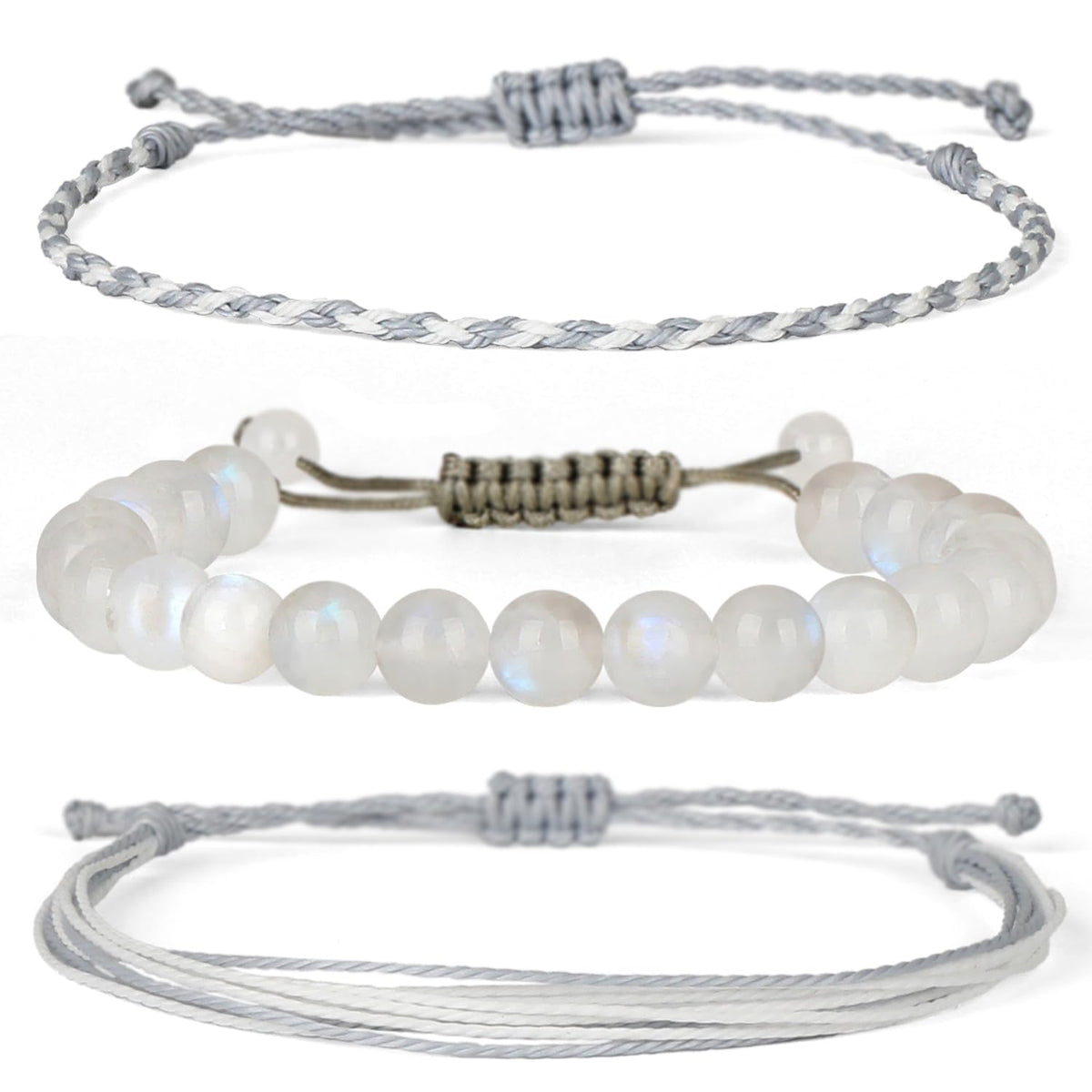 QOGIR Handmade Healing Stones Bracelet,8mm Natural Rainbow Moonstone Gemstone Beaded Bracelet,for Men Women Gifts with 2PCS Size Adjustable Rope Bracelets