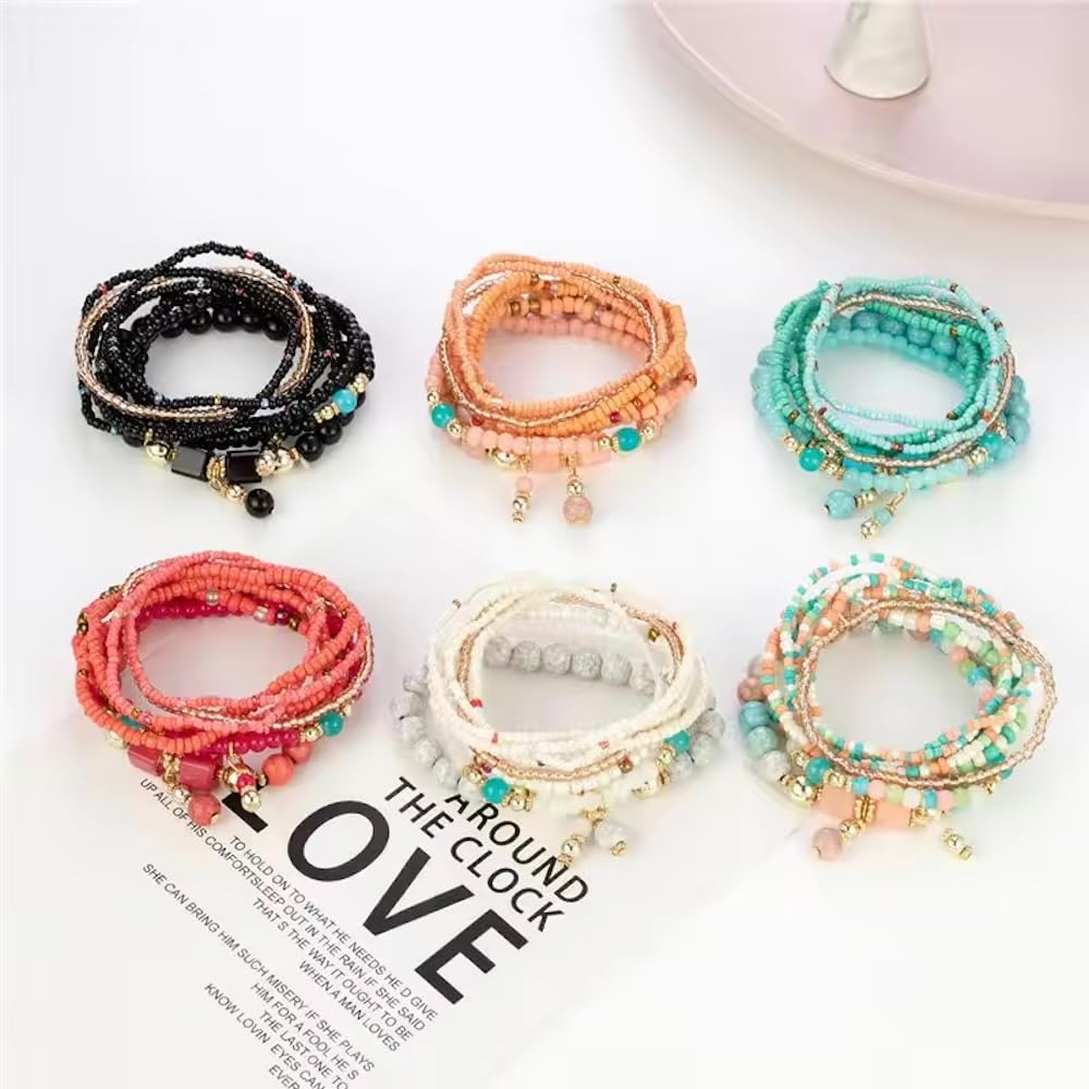 Boho Multilayer Stretch Beaded Bracelets for Women – Set of 6 Beaded Bracelet Colorful Rice Beads, Stackable Fashion Jewelry, Ideal for Festivals, Summer Parties, Beachwear, and Casual Outfits