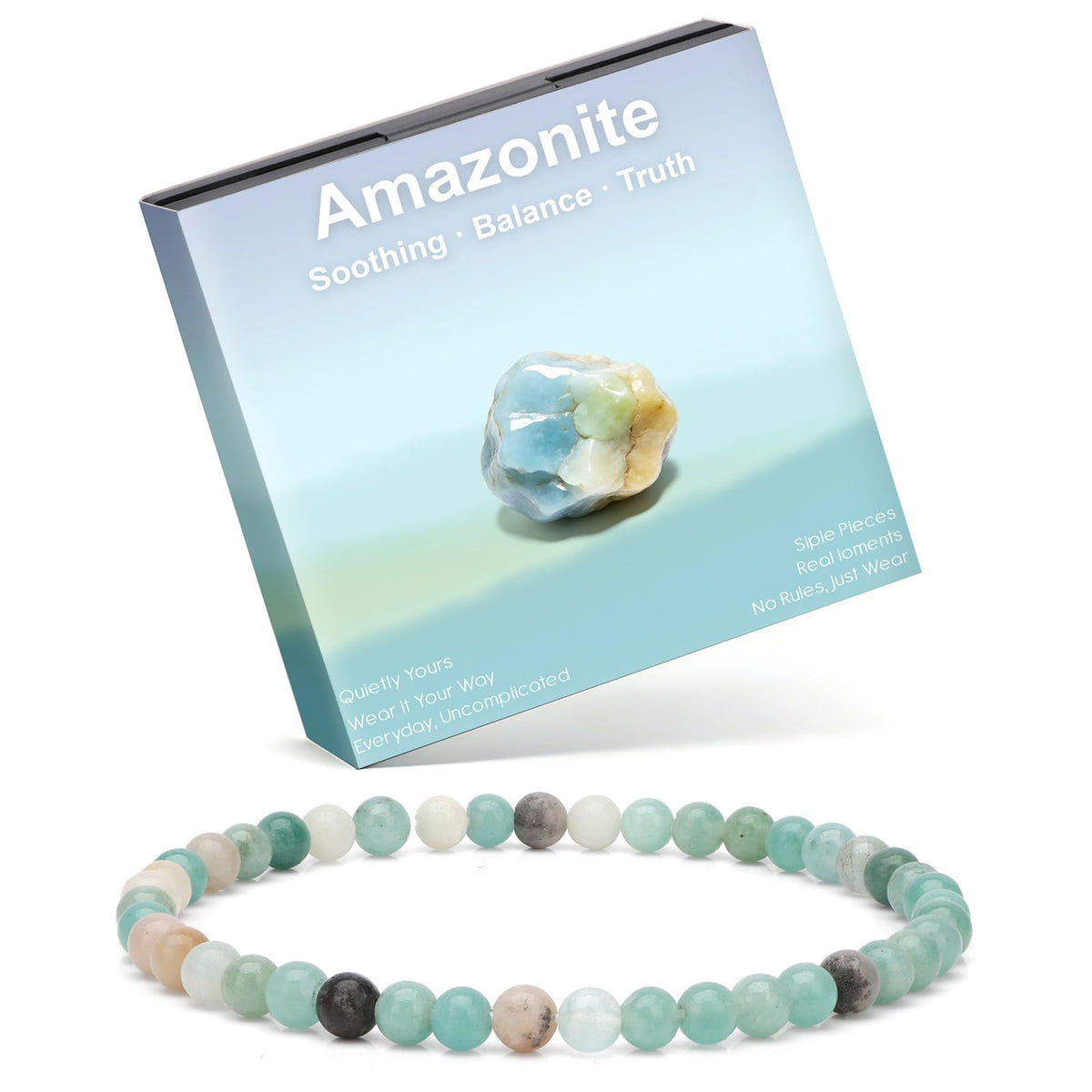 Risyfjew 4MM Handmade Amazonite Natural Gemstone Stretch Elastic Bracelet,PE Film Anti-oxidation Packaging Natural Stone Crystal Healing Power Energy Gifts for Adult