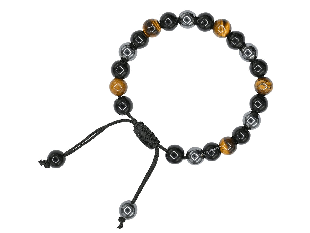 Amazing Gemstone Triple Protection Bracelet - Hematite Black Obsidian Tiger Eye Bracelet Set for Men Women Healing Calming Anxiety Stress Relief Gifts (Adjustable)