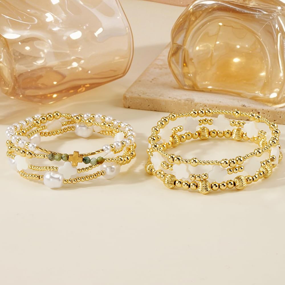 SHINUS BOHO 14K Gold White Beaded Clover Pearl Fall Bracelet Stack for Women,7PCS Bohemian Cross Beads Stretch Stackable Bracelets Set Fashion Holiday Birthday Prom Jewelry Accessories Gift Friendship Sister