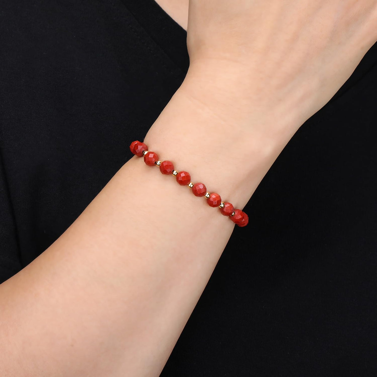 QOGIR Red Jasper - Zen Stone - 14K Gold Plated Beads Natural Gemstone Stretch Elastic Dainty Healing Beaded Bracelets Gifts 6mm