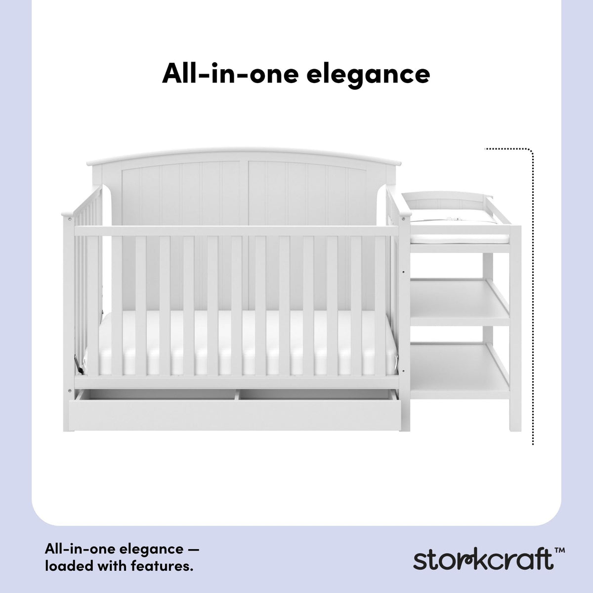 Storkcraft Steveston 5-in-1 Convertible Crib & Changer – GREENGUARD Gold Certified, Fits Standard Crib Mattress, Converts to Toddler Bed and Full Bed, 4 Adjustable Mattress Heights (White)