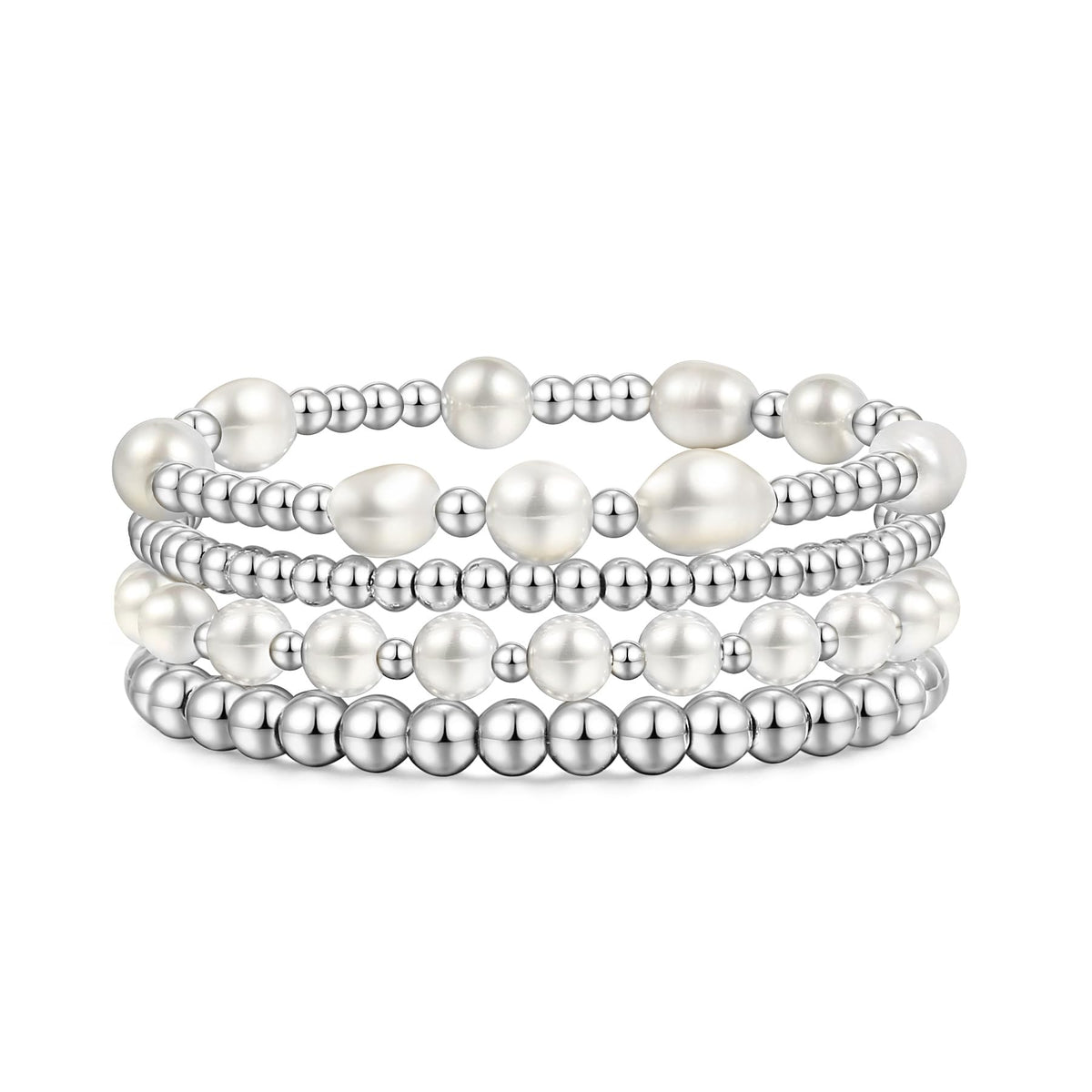 Silver Pearl Beaded Bracelets for Women Baroque Pearl Stackable Stretch Bead Ball Bracelet Jewelry Gifts （4PCS)