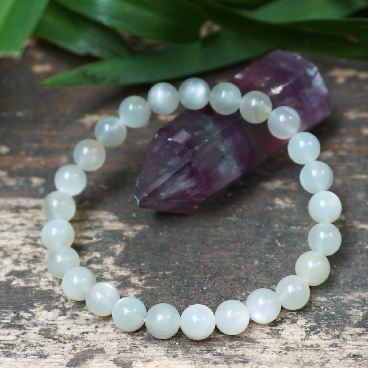 OwizJade 8MM Green Moonstone Bracelet, Unisex Natural Gemstone Round Beads Stretch Bracelet Healing Crystal Beads, A for Women Men