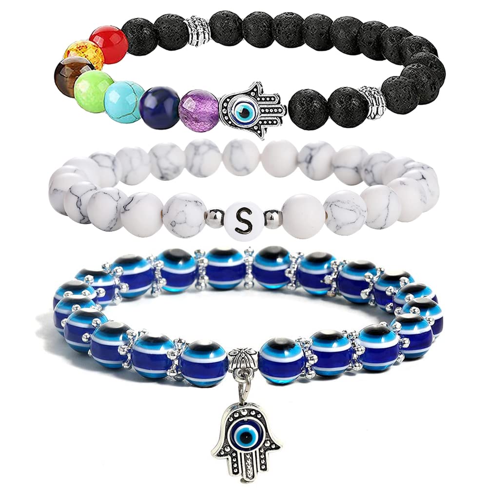 JUVJEW Initial Evil Eye Bracelets Chakra Crystal Bracelet Letter V Beads Lava Stone Bracelets Essential Oil Diffuser Hamsa Amulet Protective Jewelry (V)