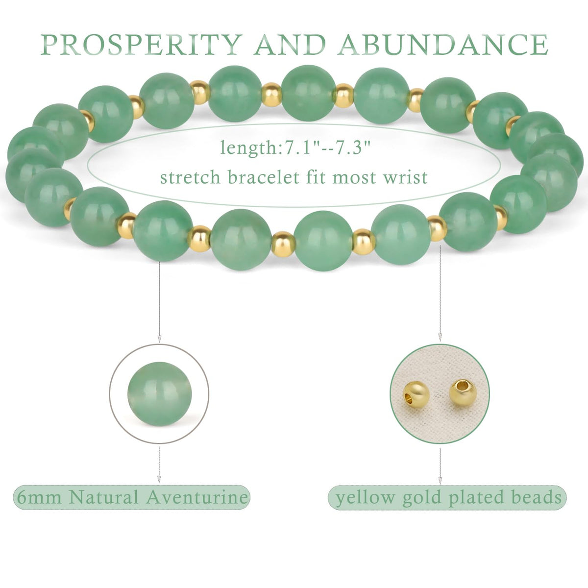 QOGIR Green Aventurine - Prosperity - 14K Gold Plated Beads Natural Gemstone Stretch Elastic Dainty Healing Beaded Bracelets Gifts 6mm