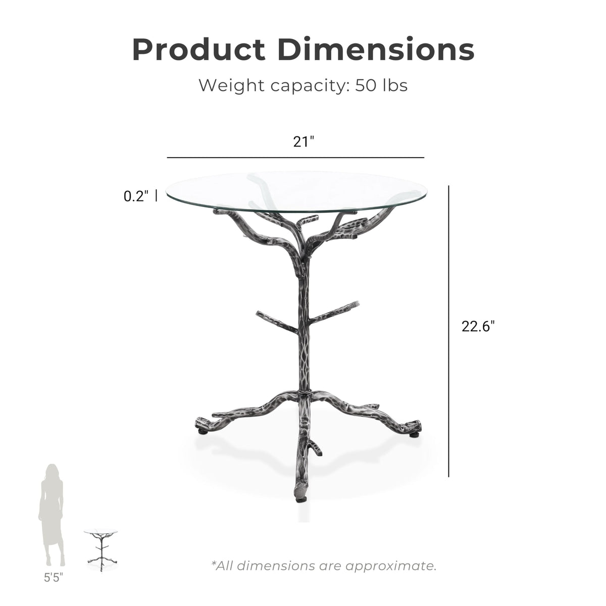 24/7 Shop at Home Lalia Modern Round End Table with Nature-Inspired Branch Base, Tempered Glass Top, Hammered Steel Frame for Living Room, Matte Grey
