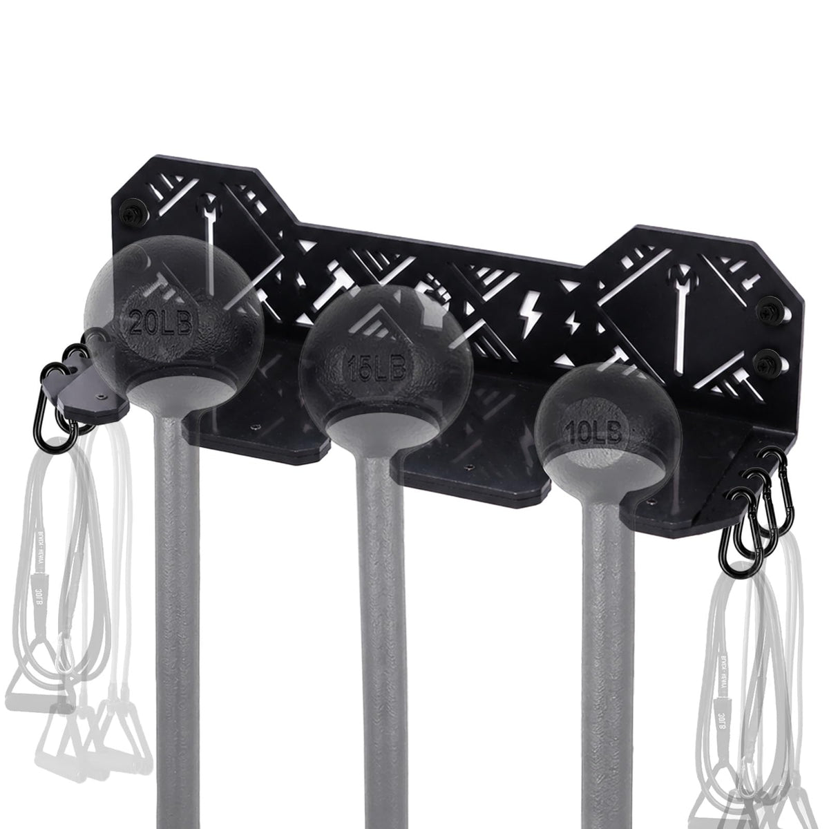 Macebell Storage Rack | Heavy-Duty Wall Mount Holder, 5.75mm Solid Thick Steel for 3 Sizes Mace Bells & Indian Clubs, UHMW Protective Padding with Complete Multi-Surface Mount Hardware