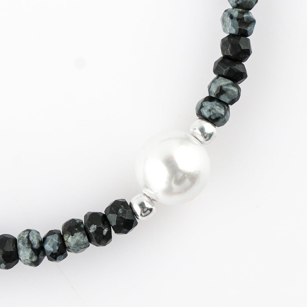 CRYSTALINES Natural Snowflake Obsidian Gemstones Bolo Bracelet | Cultured Pearl Beads | Handmade Beaded Jewelry | Adjustable Silver Chain | Healing Crystal | Gift for Women | 10inch