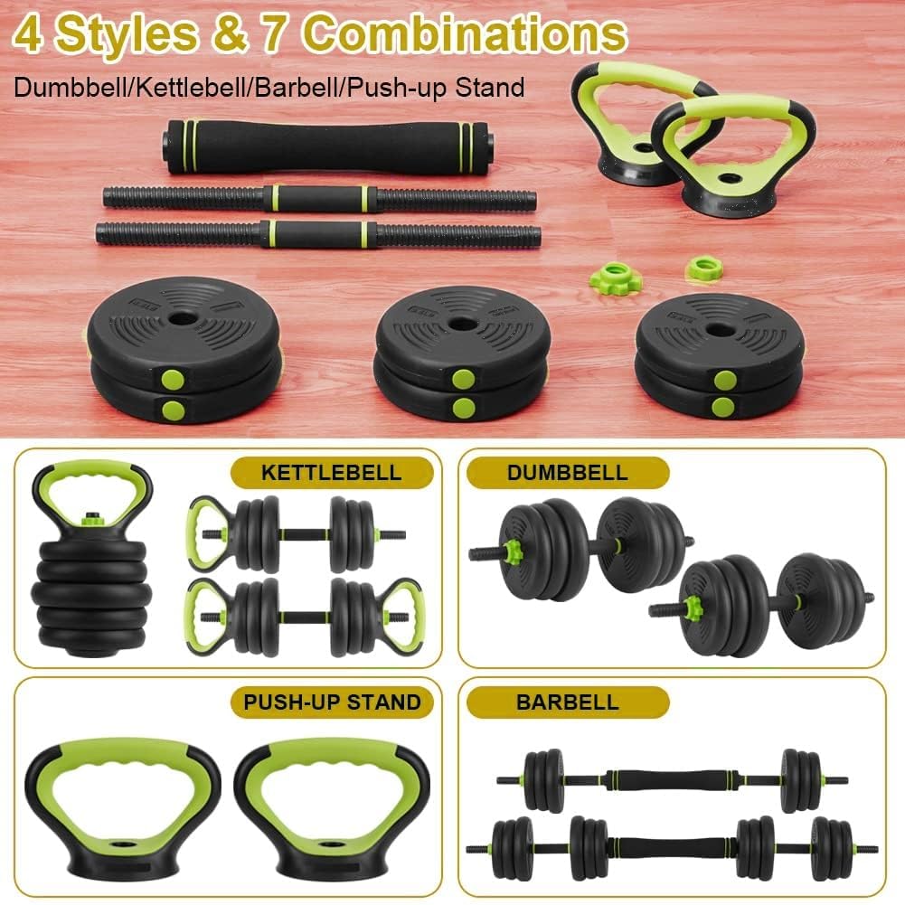 4-in-1 Adjustable Dumbbell Set, 66 Lbs Free Weights Set with Connector, Fitness Exercise Equipment Used As Kettlebells, Barbell, Push Up Stand, Weights Set for Home Gym Suitable Women/Men