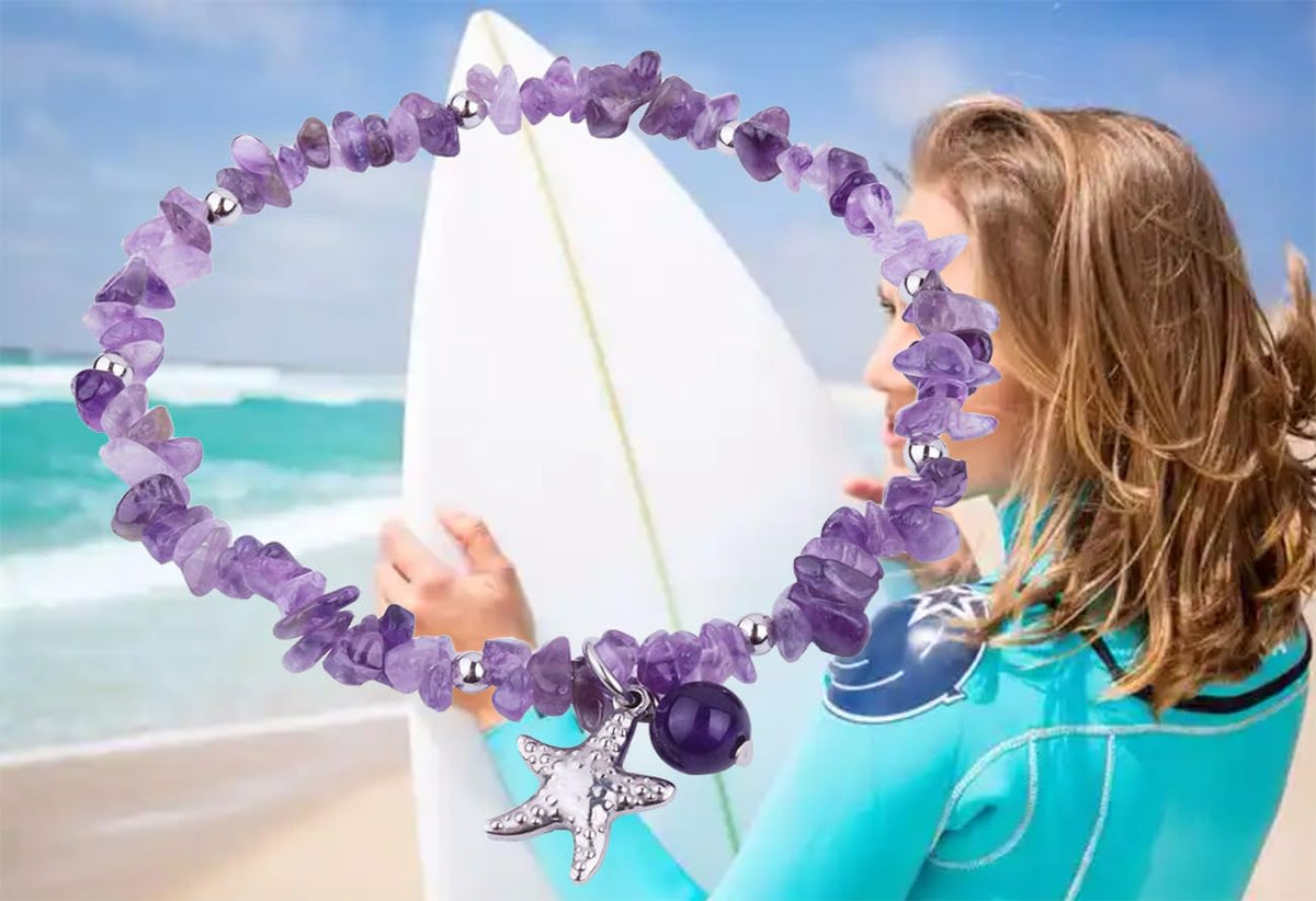 AZFEIYA Healing Stone Amethyst Anklets Bracelets Handmade Boho Anklet Bracelet Summer Jewelry Starfish Anklets Chakra Beach Foot Jewelry Gift for Her (Amethyst)