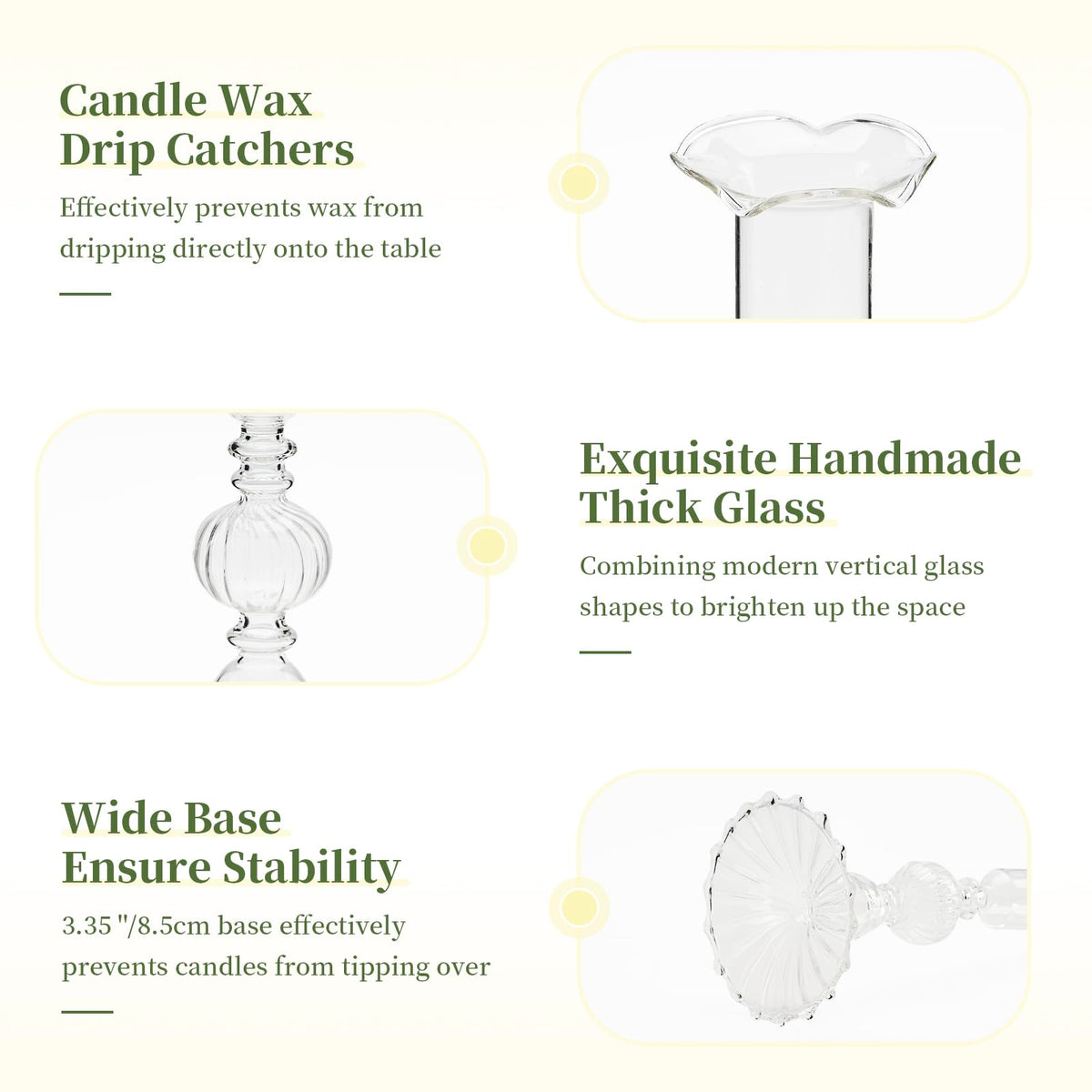 Glasseam Glass Tapered Candlestick Holders: Set of 3 Clear Candle Sticks Holder Decor with Bobeche Modern Ribbed Taper Candle Holders for Table Centerpiece Christmas Wedding Home Decorations