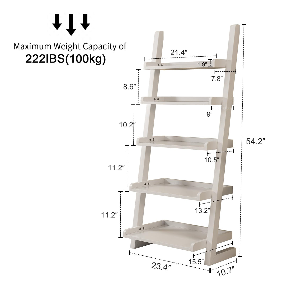 AQIMUELE White Wooden Ladder Shelf with Edges, 5-Tier Modern Leaning Bookshelf Ladder – Stylish Space-Saving Bookcase for Living Room, Bedroom & Home Office