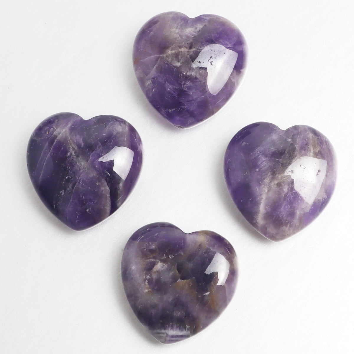 4 Pcs Heart Crystals and Healing Stones, 1.2" Amethyst Polished Love Carved Palm Worry Stone, Reiki Anxiety Stone Gift for Stress Meditation (Amethyst)