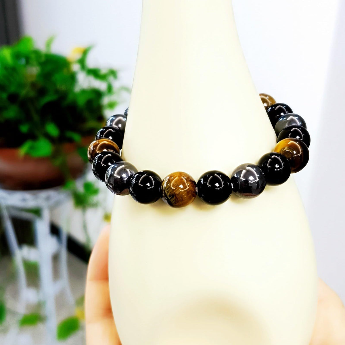 WEFRIN Evil Eye with Hematite Black Obsidian Tiger Eye Stone Triple Protection Bracelets for Men Women, Crystal Healing Stone Bracelet Bring Luck Prosperity and Happiness Jewelry (E-TPB)
