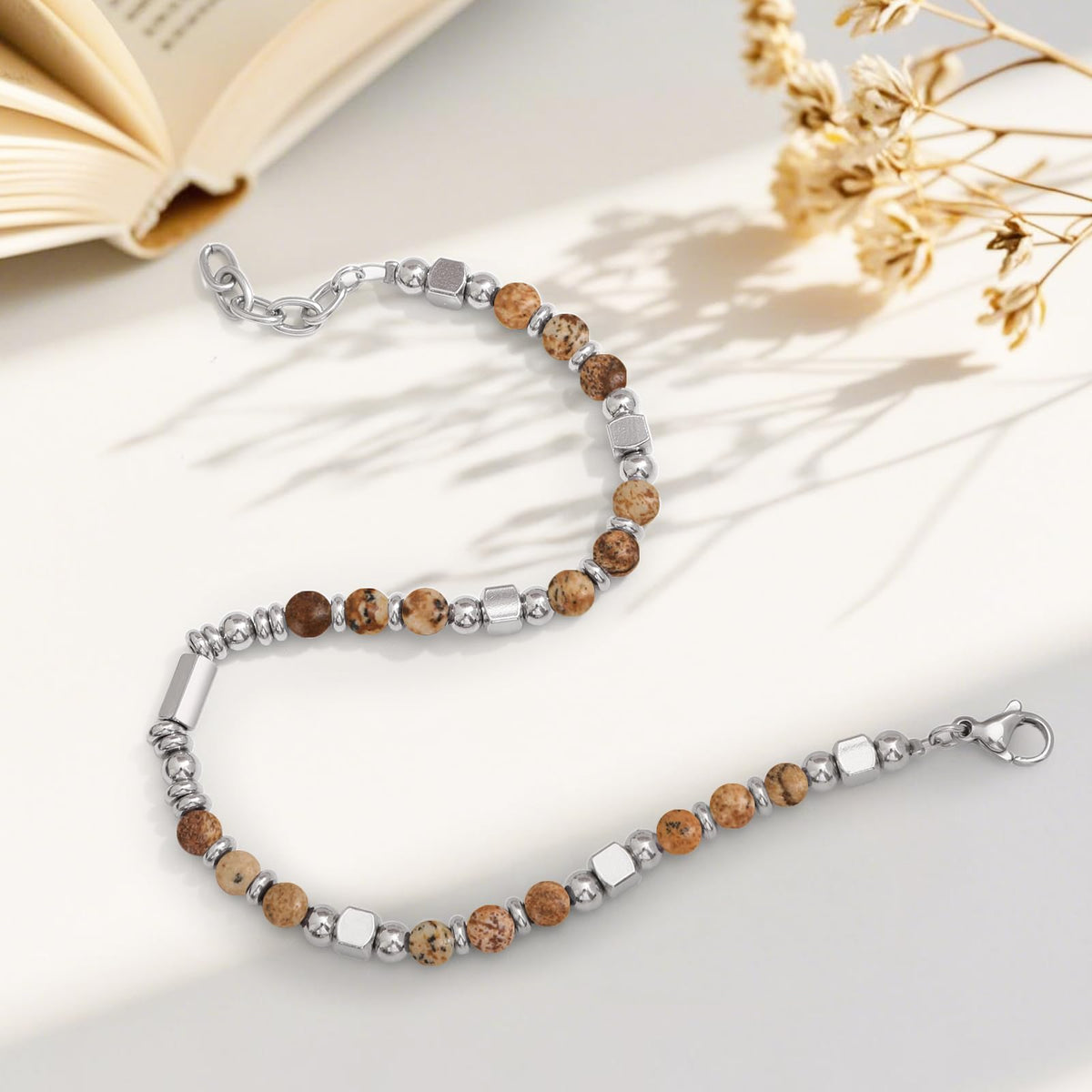 Stainless Steel Stone Adjustable Boho Stackable Womens Beaded Bracelets for Women Trendy Jewelry Stack Cute Health Dainty Waterproof Woman Ladies Colorful Bangle Women's Silver Link Bracelets for Women Non Tarnish A Bohemian Charm Silver Bead Bracelet for