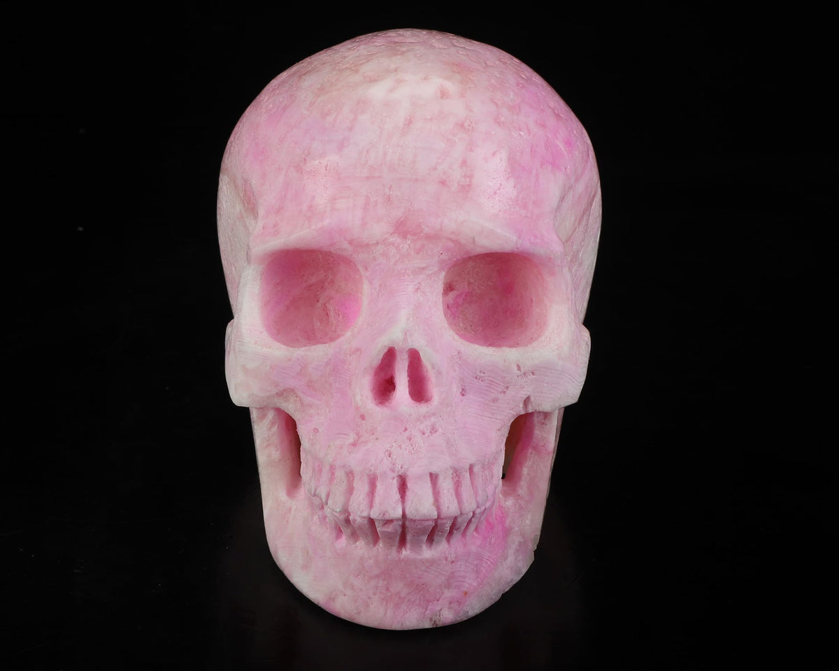 Skullis 5.0" Pink Aragonite Realistic Crystal Skull, Hand Carved Gemstone Fine Art Sculpture, Reiki Healing Stone Statue.3252.