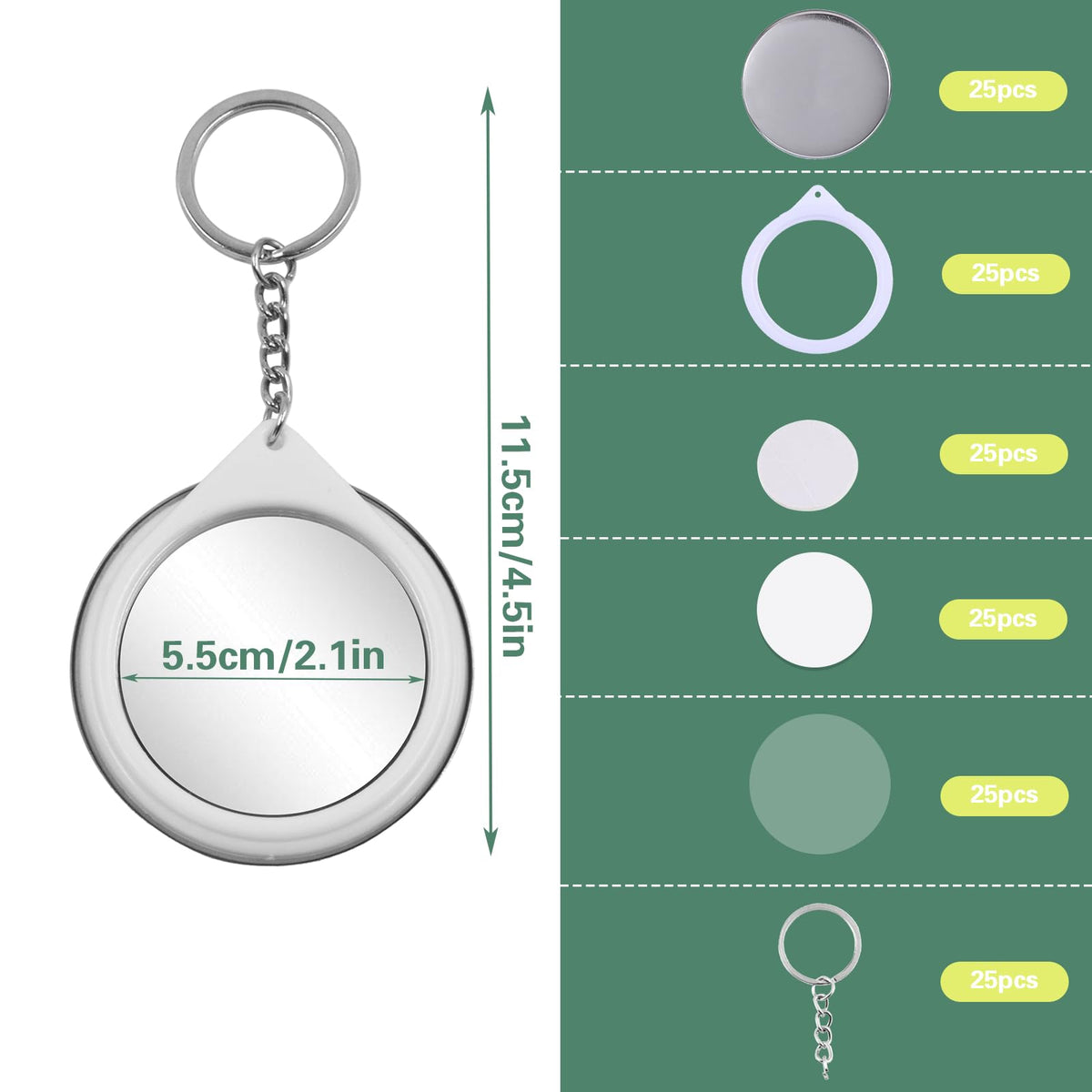 HaoGludi 25 Sets 2.25 inch Button Badge Maker Double-Sided Keychain, 58mm Round Badge Parts with Metal Cover, Mirror, Plastic Base and Keychain, for Button Maker Machine DIY Gifts