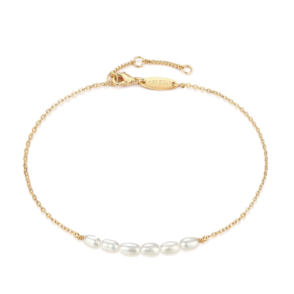 MEVECCO Women Gold Anklet Boho Delicate Handmade 18k Gold Plated Dainty Beach Pearl Foot Chain Ankle Bracelet Adjustable Wafer Anklet for Women ANK-Pearl